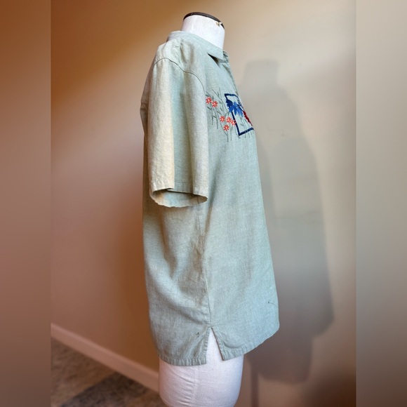 Bobbie Brooks Cotton Olive Green Short Sleeve Button Up With Floral Embroidery - Picture 5 of 8
